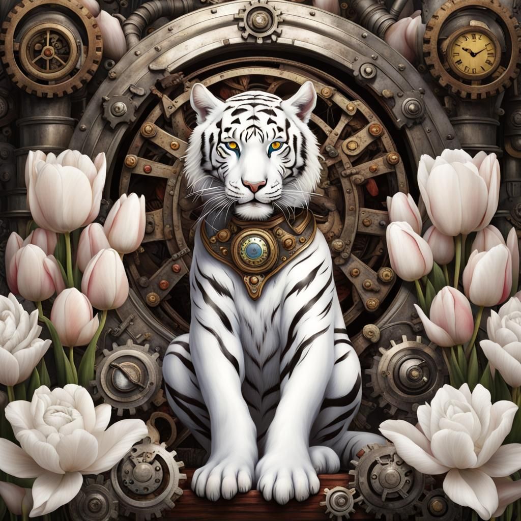 Steampunk White Tiger Empress Surrounded by Tulips