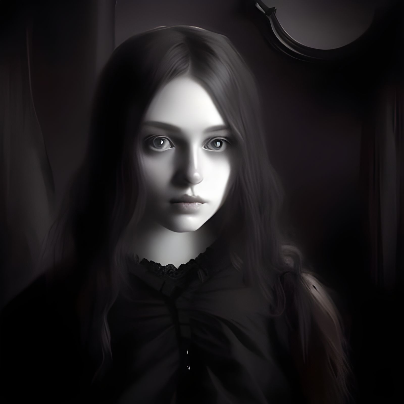 Victorian Girl Portrait with Deep Eyes in Black and White