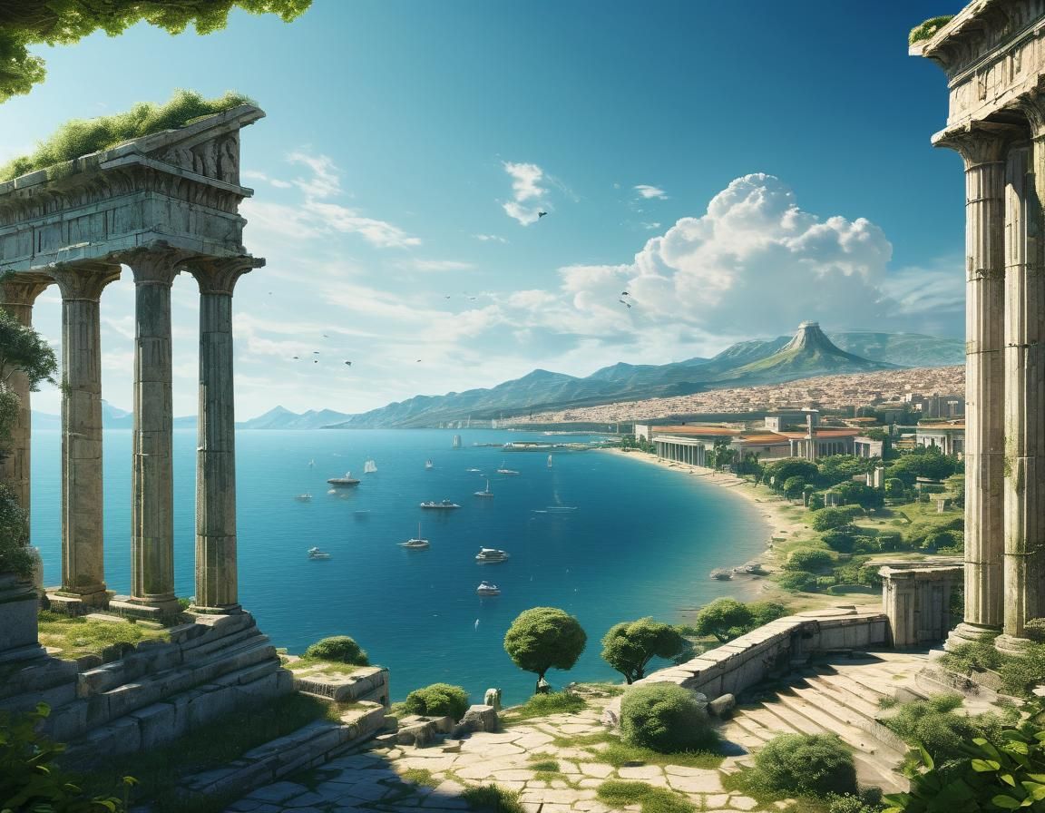 Coastal Ancient Cityscape with Colossal Statue