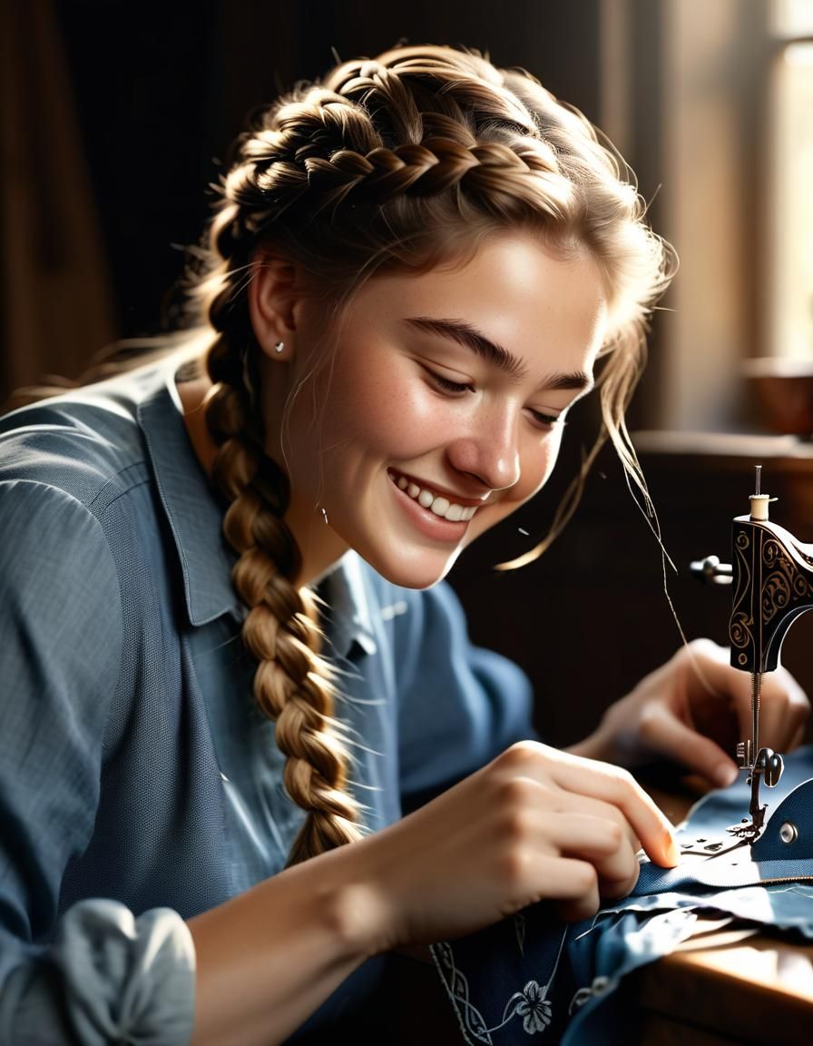 Sewing Portrait: Delicate Teenager in Digital Art