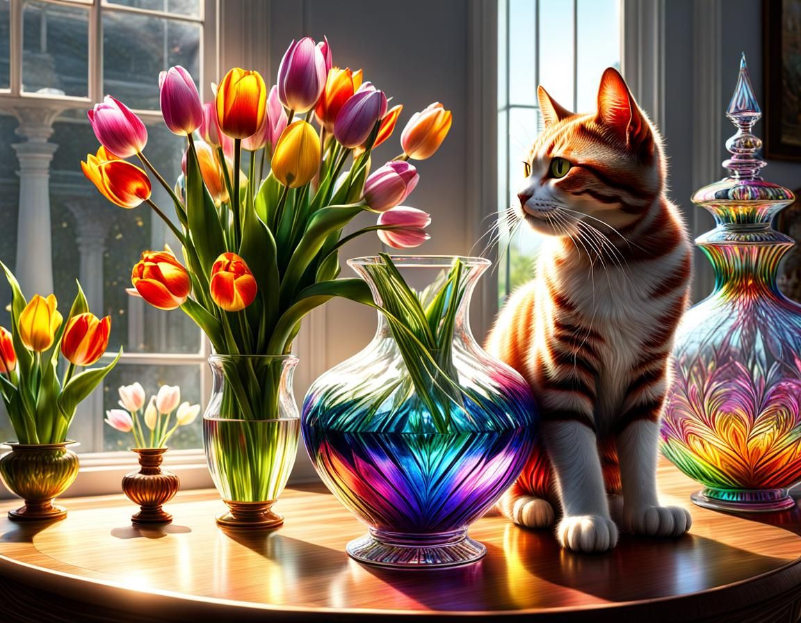 Cat About to Destroy Glass Vase: Hyperrealistic 3D Render