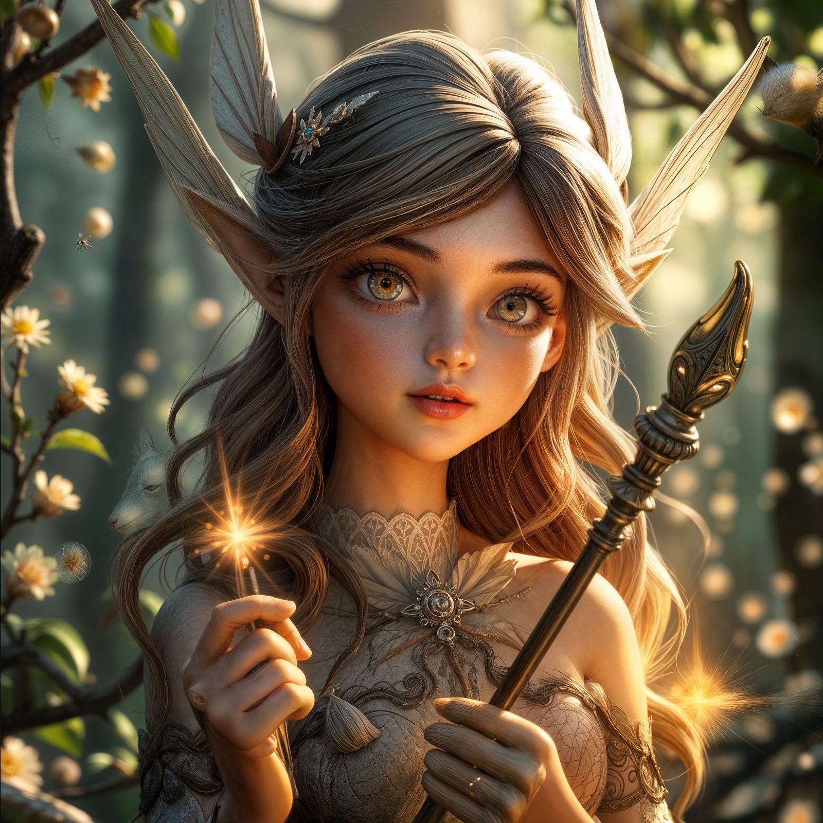 Elegant Elf in Enchanted Forest, 3D Anime Style