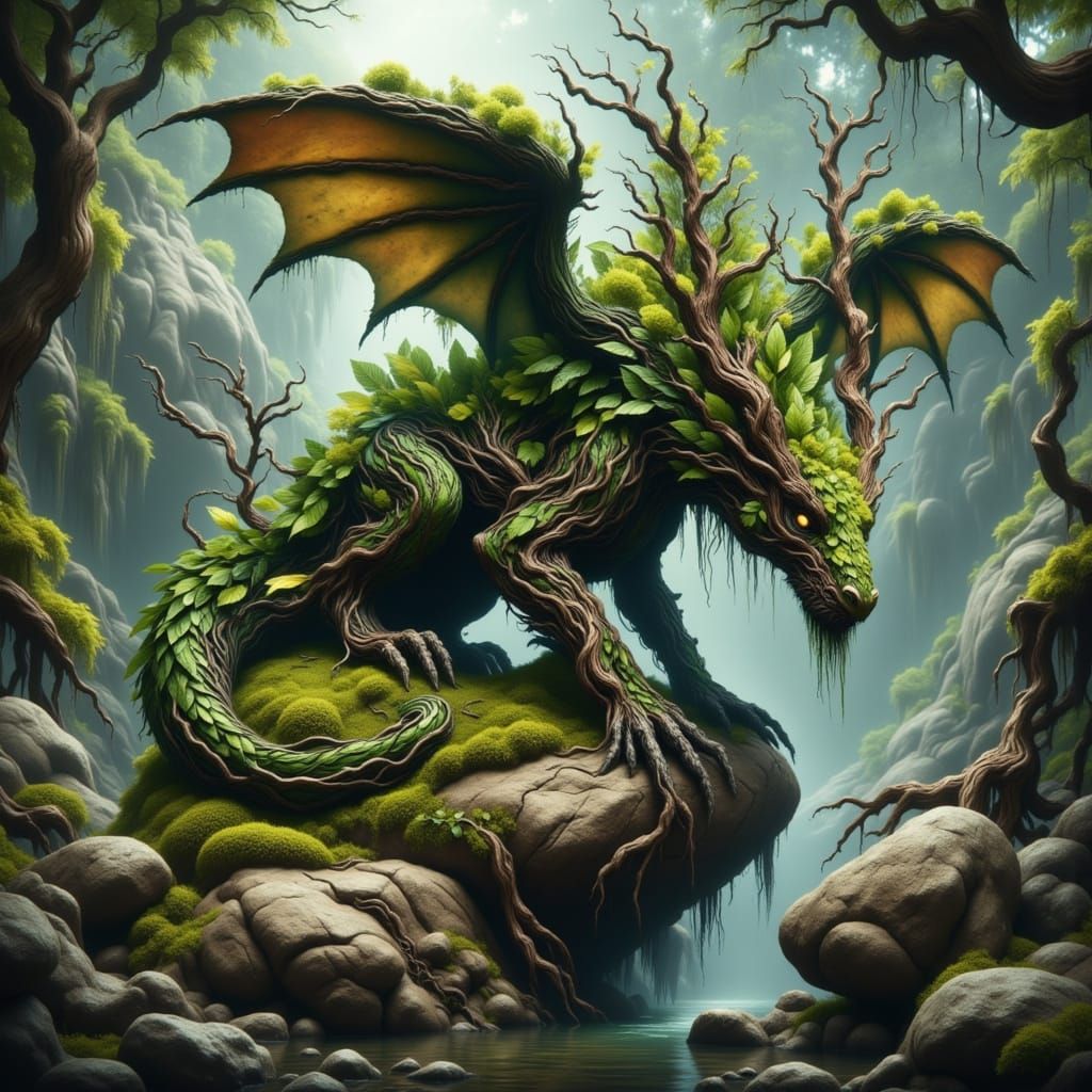 Moss-Covered Dragon Perched on Boulders by a River