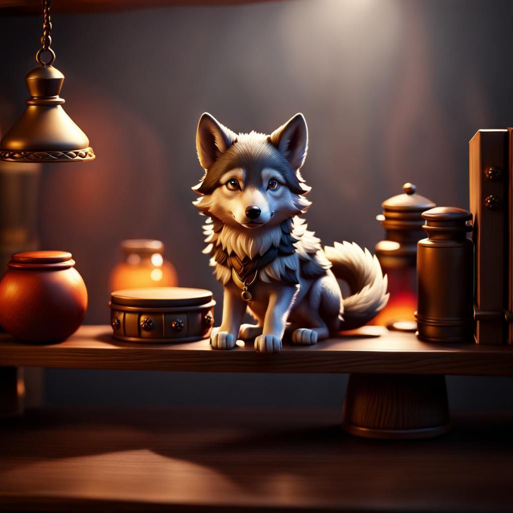 Tiny Wolf on a Shelf: Fantasy Art Render