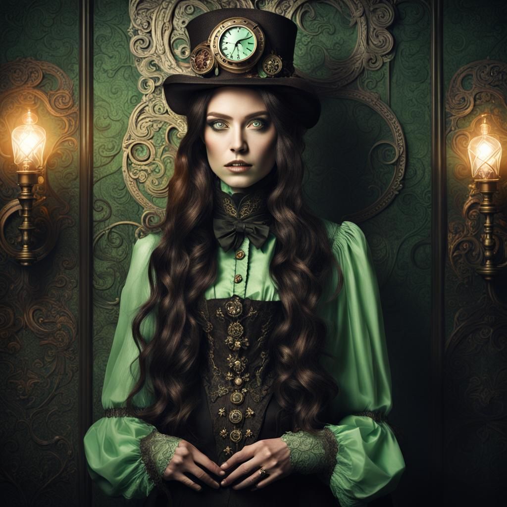 Steampunk Woman with Green Eyes at Party