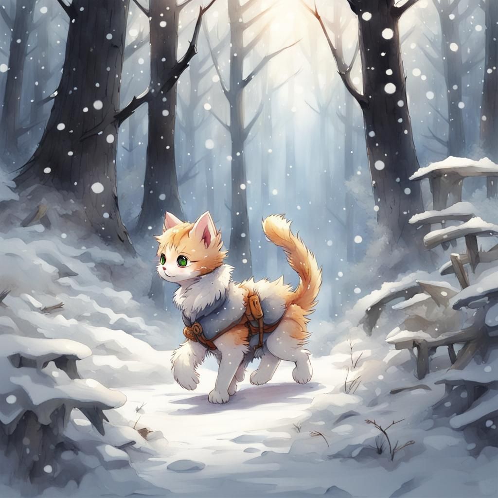 Kitten's Snowy Forest Walk: Anime-Inspired Mixed Media Art