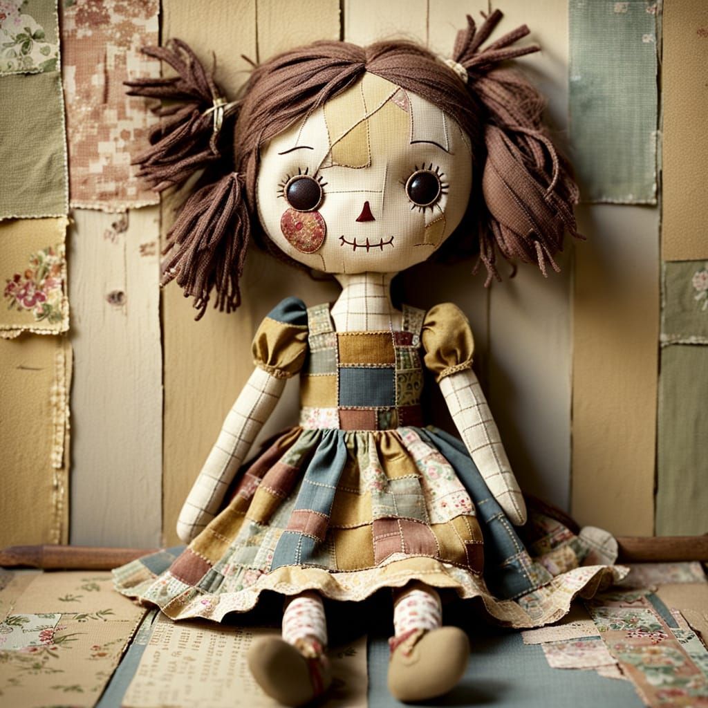 Whimsical Raggedy Doll in Folk Art Style