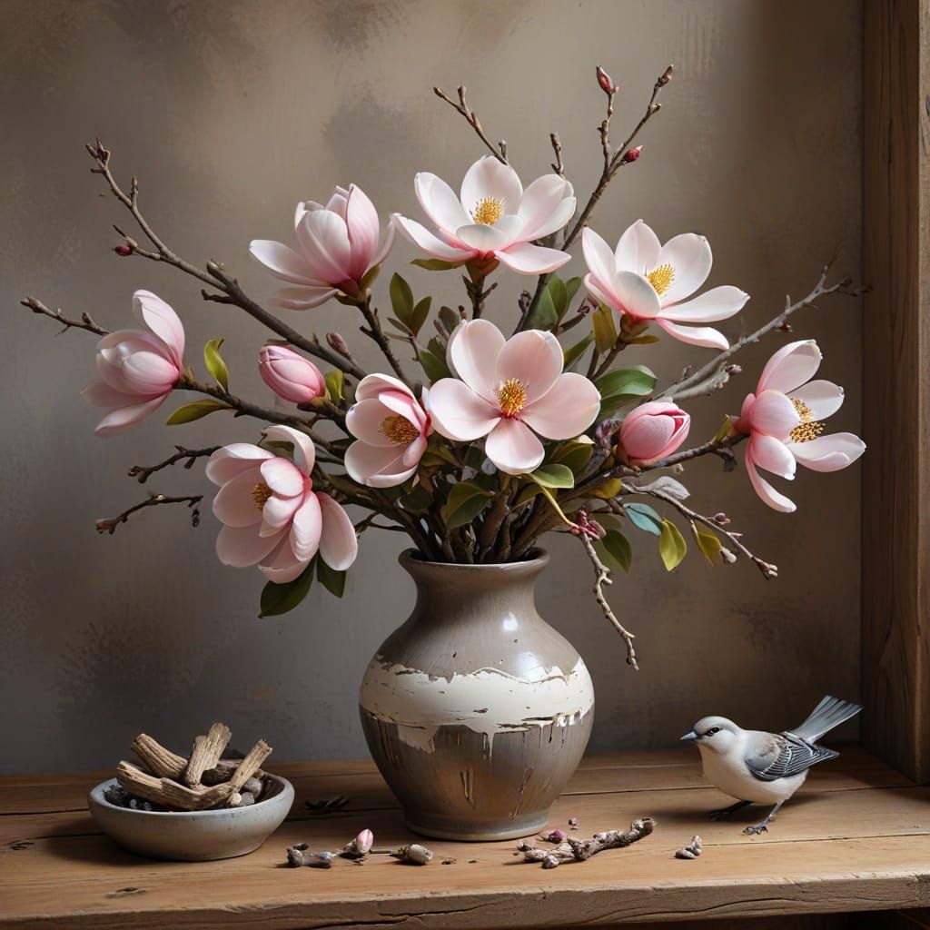 Realistic Oil Painting of Magnolia Vase