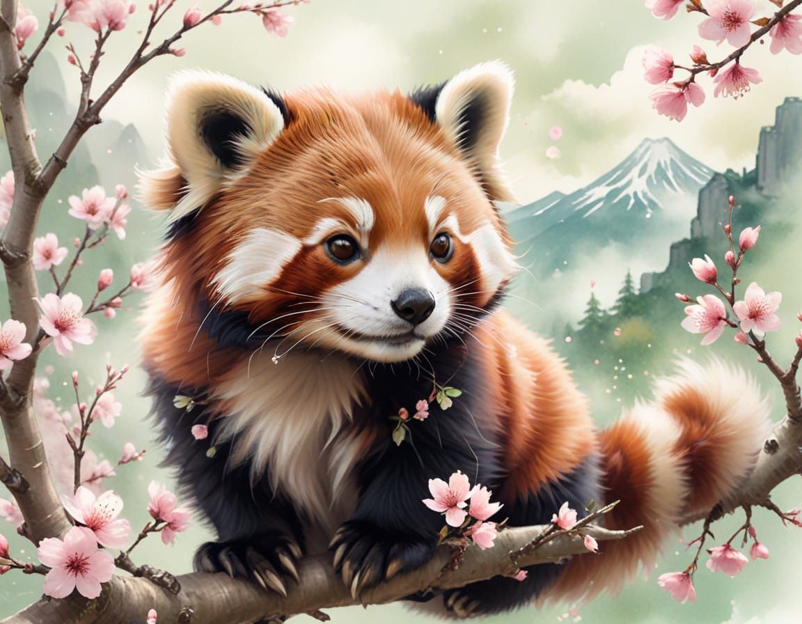 Chibi Red Panda in Cherry Blossom Tree - Ethereal Digital Wa...