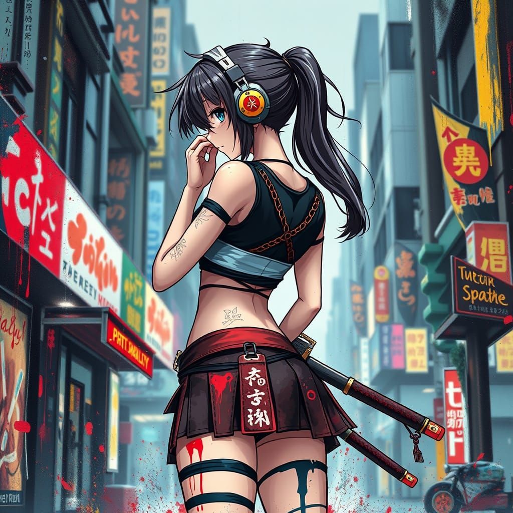 Surreal Samurai Girl Embracing Futuristic Cityscape in Vibra...