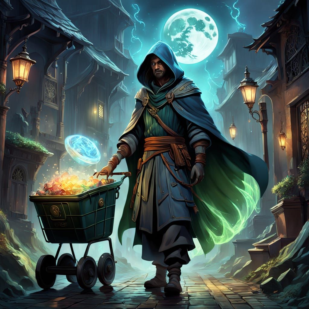Fantasy Garbage Collector at Night with Magical Energy