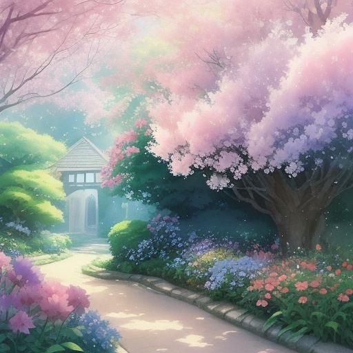 Kitten in Lush Garden: Whimsical Anime Watercolor