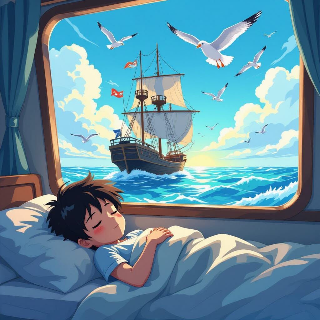 Boy's Dream: Ship at Sea in Manga Style