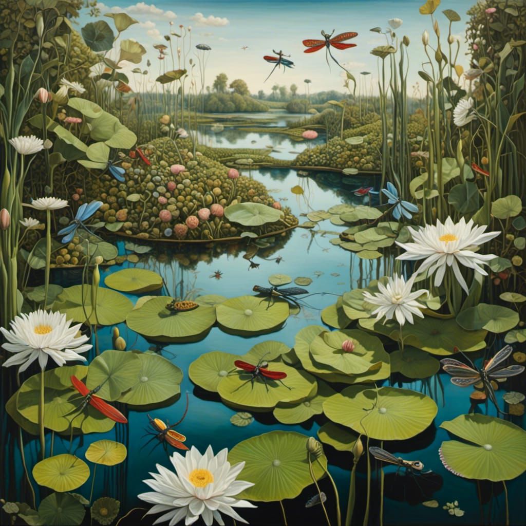 Dragonflies and Lily Pads in Springtime