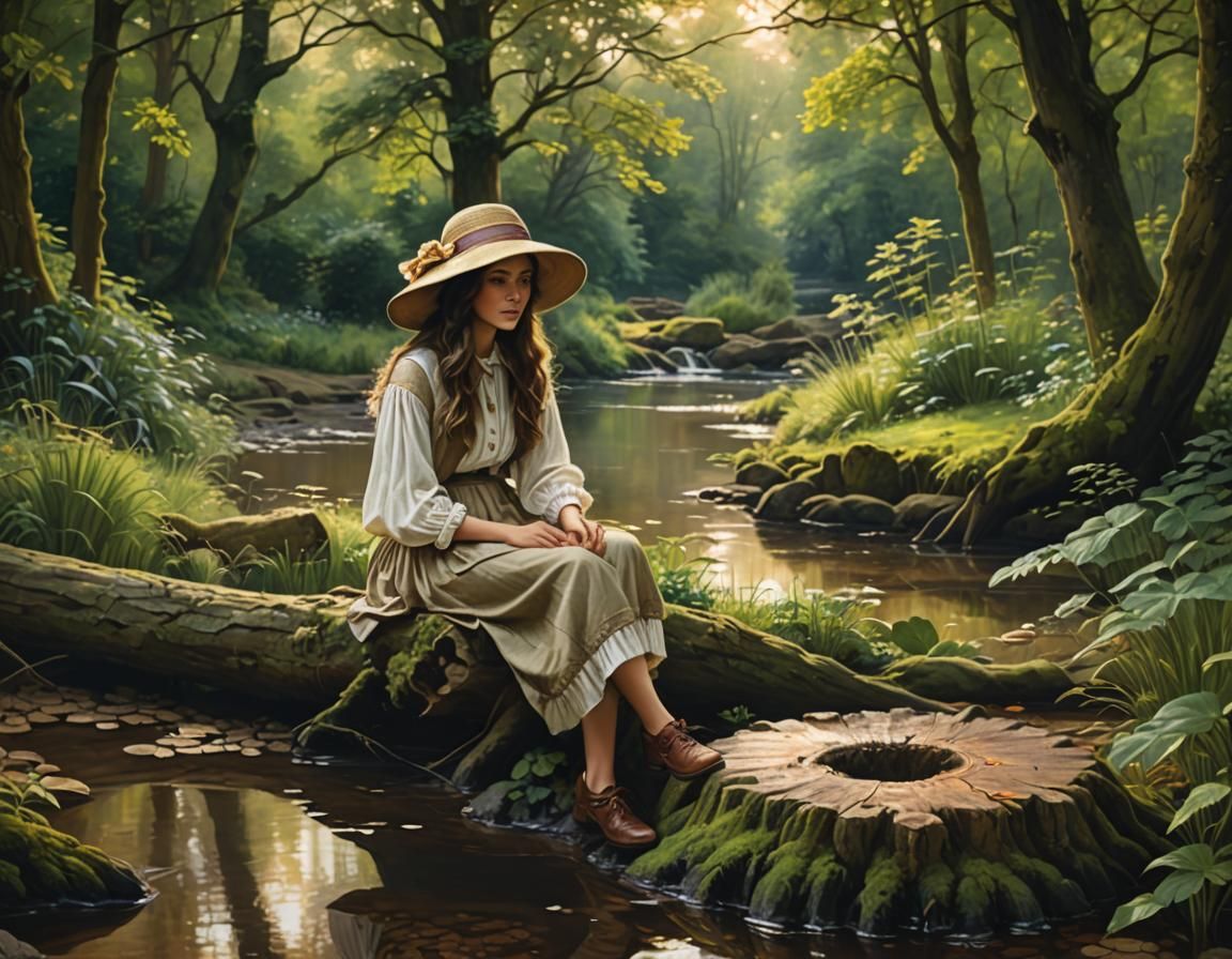 Woman in Floppy Hat: Romantic Realism Oil Painting
