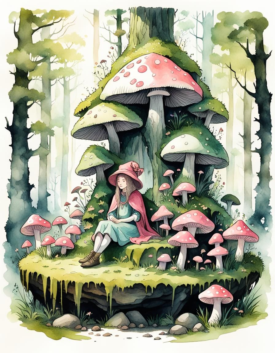 Mossy Stone Woman and Mushroom Pixies in Forest