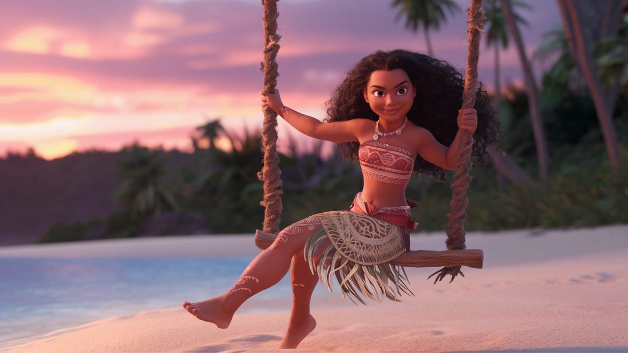 Moana on Beach Swing, Ghibli-Style Sunset
