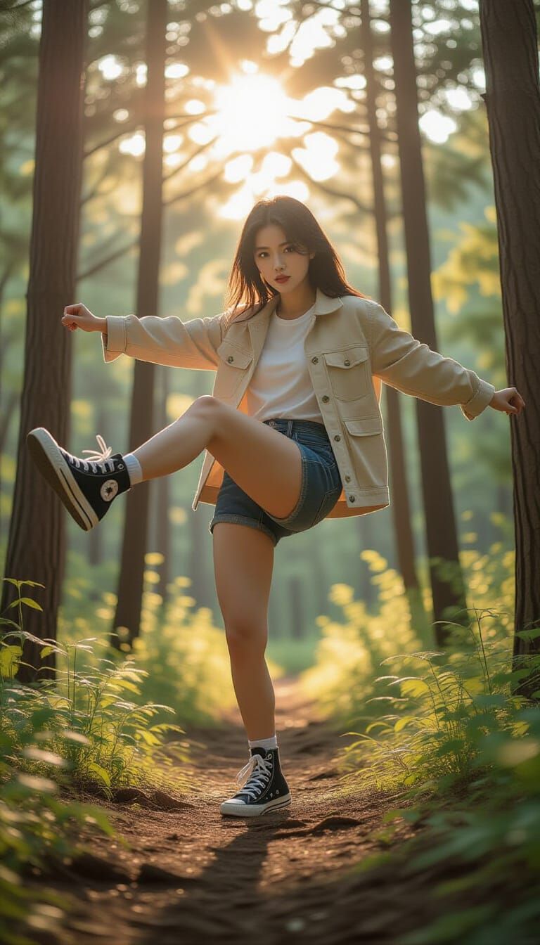 Korean Woman Kicking in Forest, 3D Render