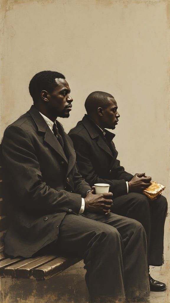 Two Men Wait for a Bus in 1930s Urban Landscape