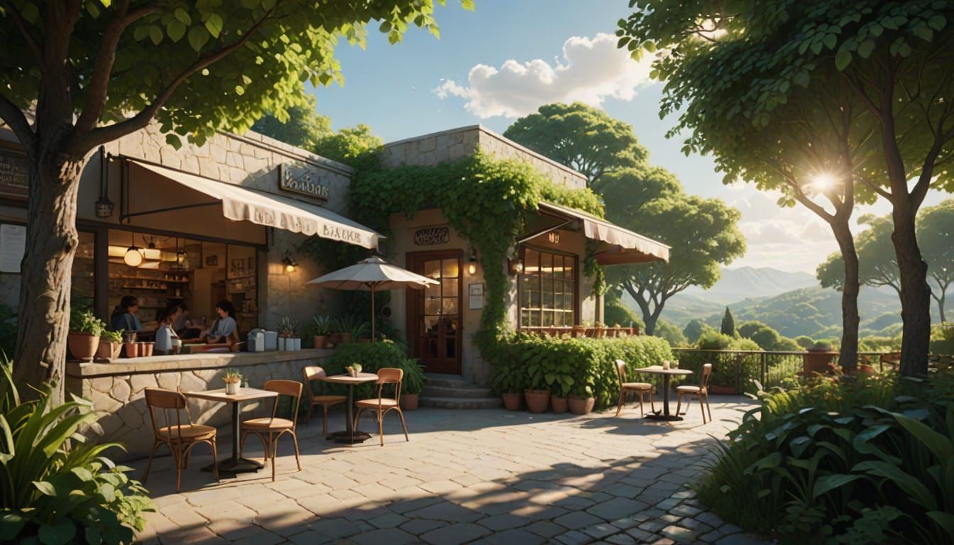 Tranquil Hilltop Cafe in Dappled Sunlight