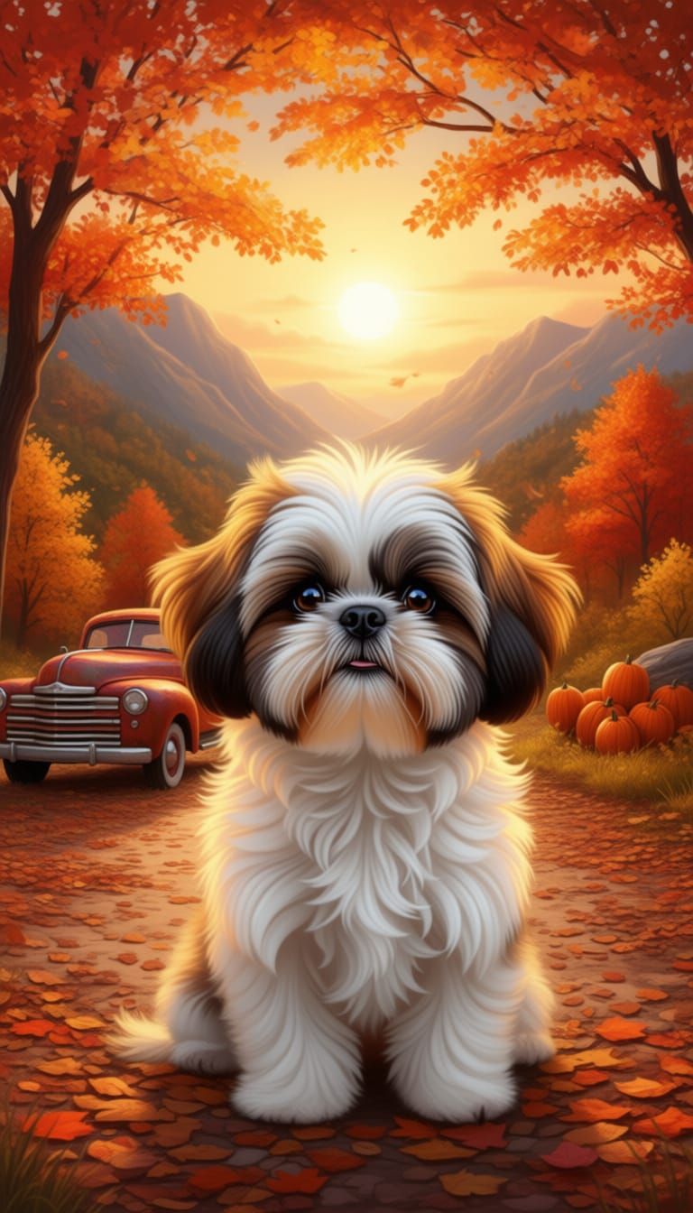 Cute Shih Tzu Dog with Vintage Truck in Autumn