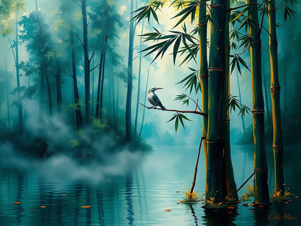 Bird in Bamboo Forest: Impasto Painting