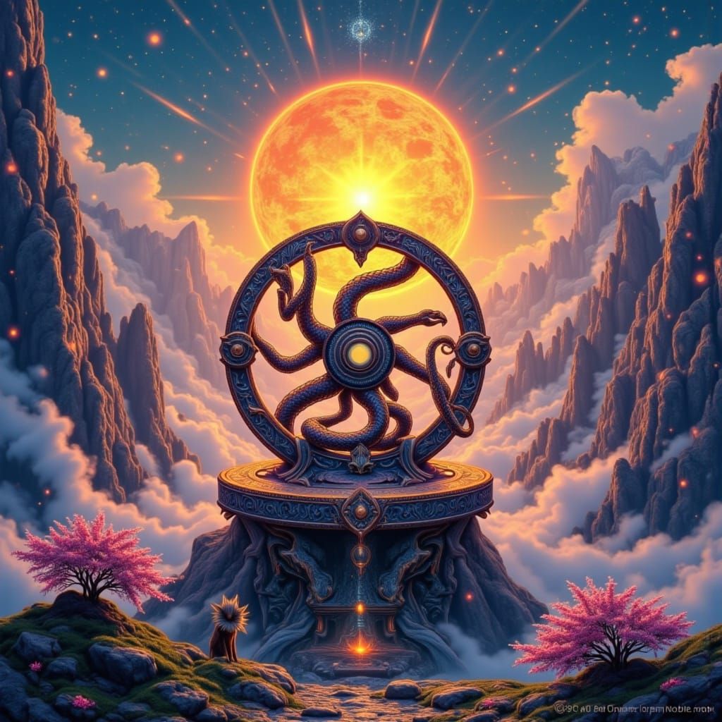 Mystical Wheel on Mountaintop with Serpents in Tarot Style