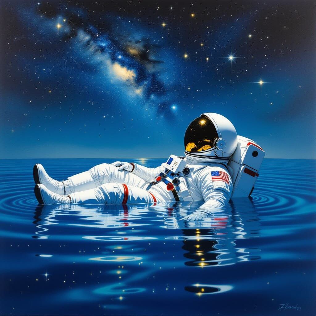 Surreal Astronaut Reflecting Stars in Midnight Water