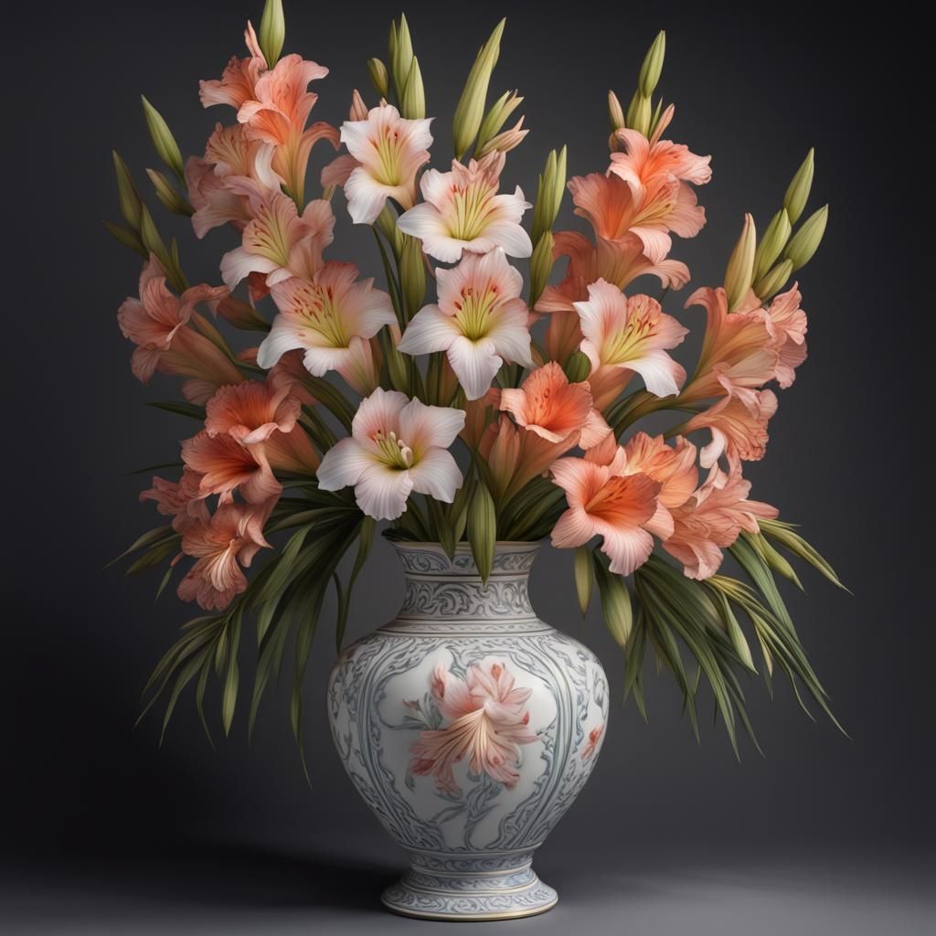 Ornate Vase with Alstroemeria and Gladiolus Flowers