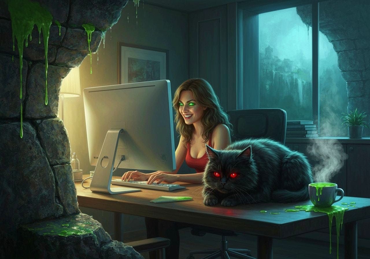 Sinister Woman Working in Modern Den with Glowing Eyes