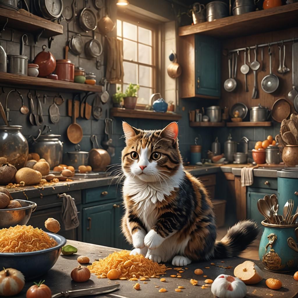 A cat in the kitchen.