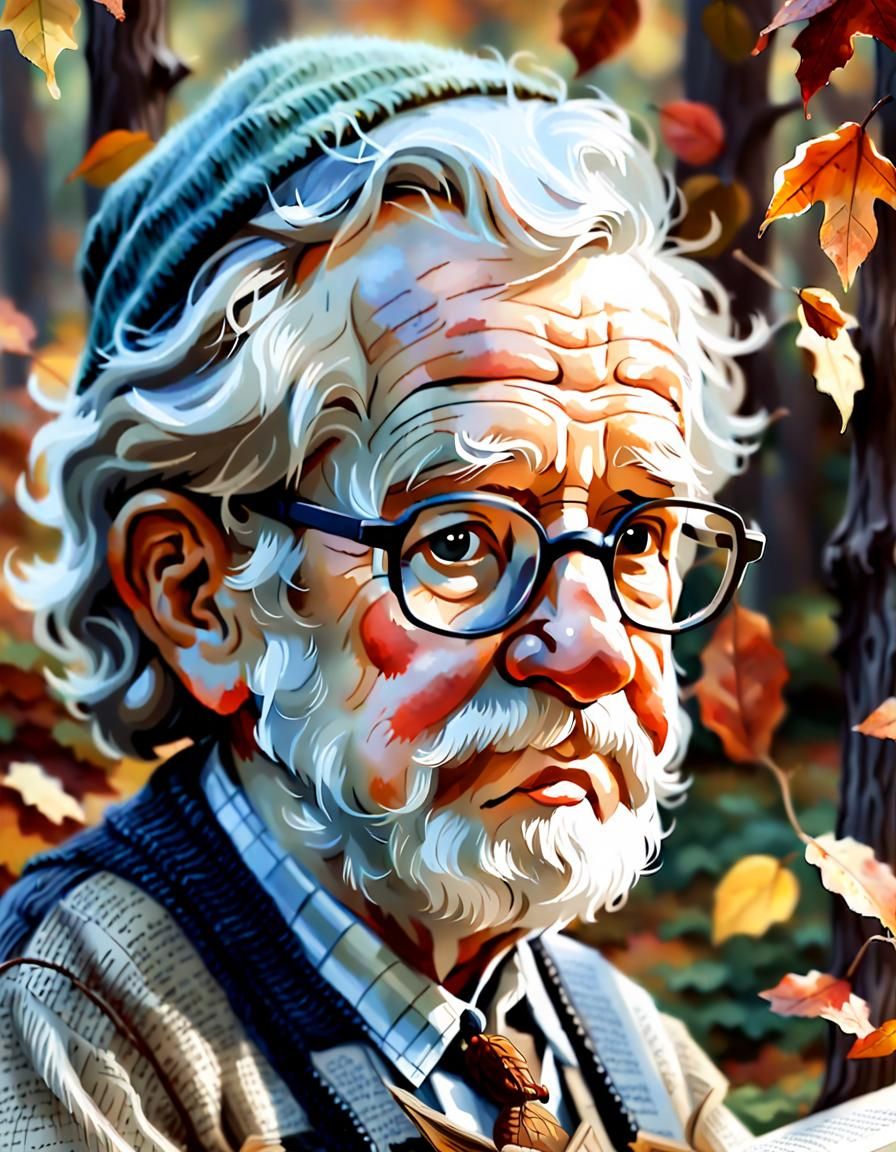 Gnome Chomsky Reading in Autumn, Watercolor Style