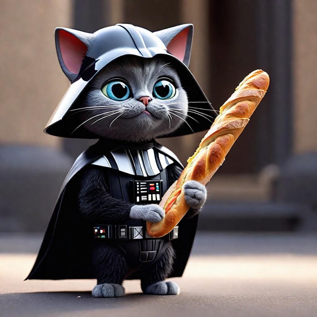 Pixar Cat as Darth Vader Holding Baguette