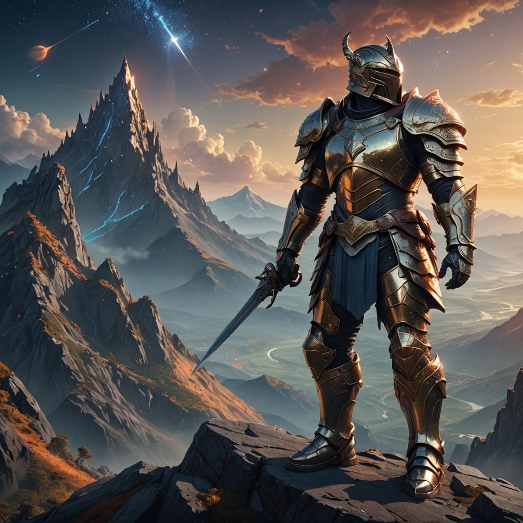 Heroic Knight on Mystical Peak in Fantasy Art