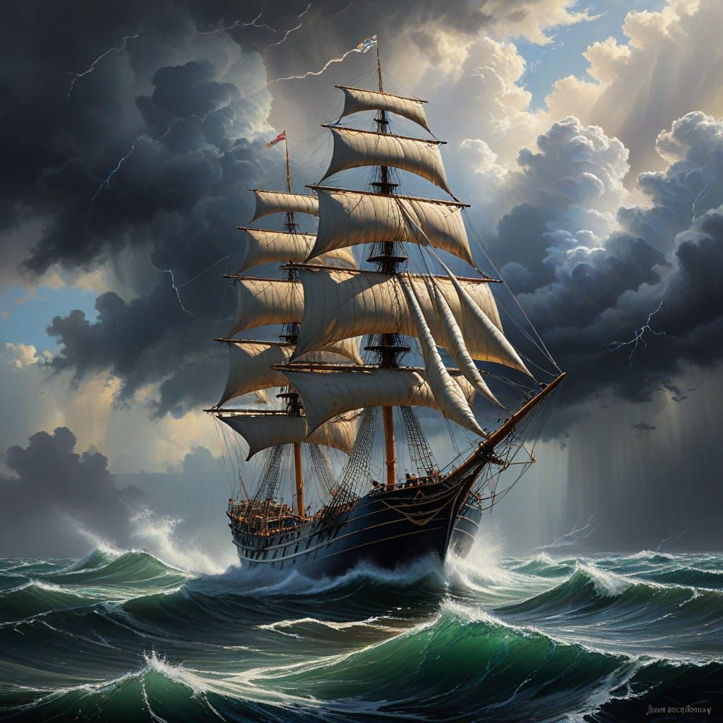 Majestic Sailing Ship Battles Towering Waves in Stormy Seas