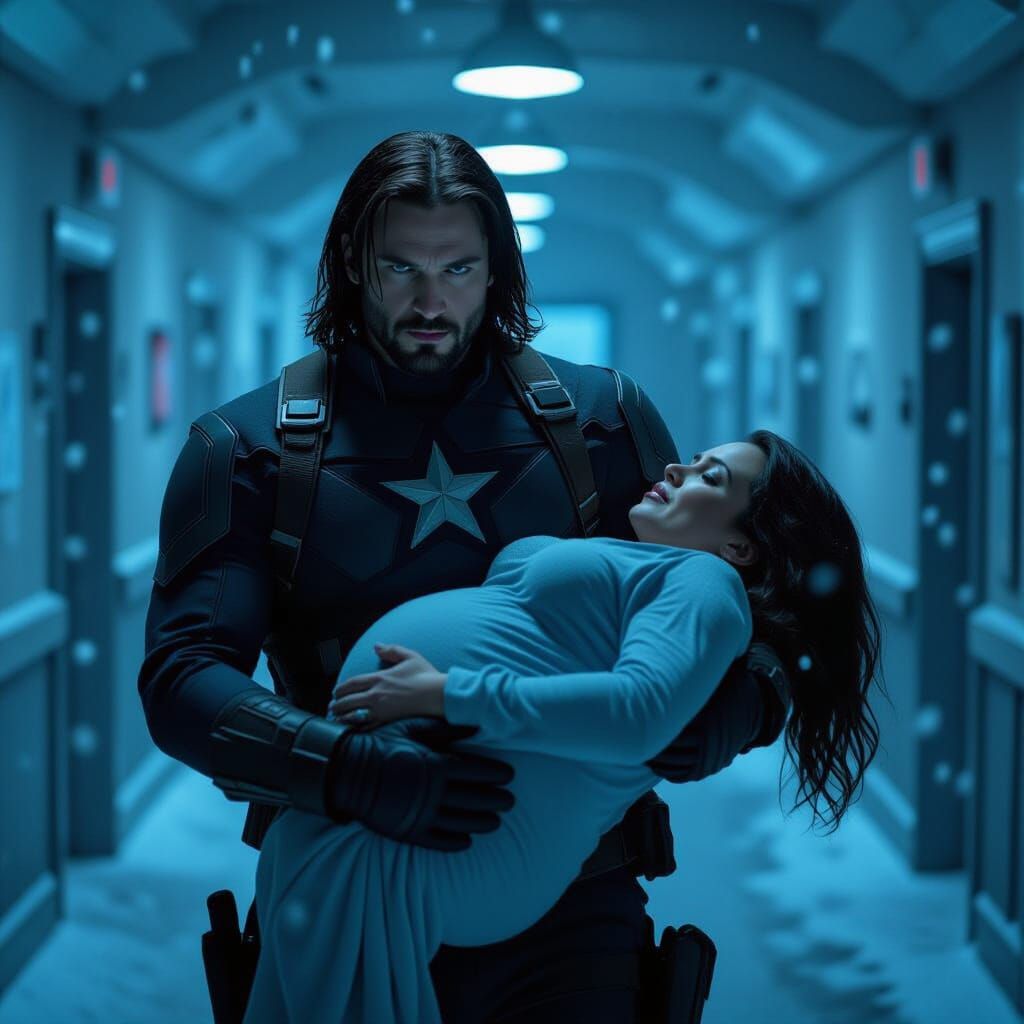 Winter Soldier Carries Pregnant Woman Down Snow Hallway