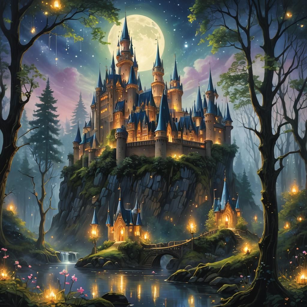 Enchanted Forest Castle in Ethereal Moonlight