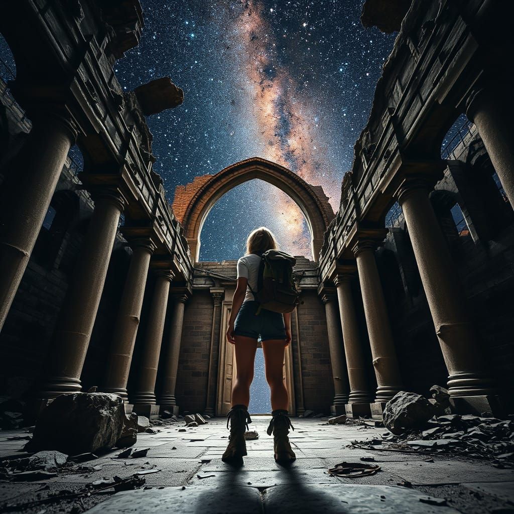 Mysterious Cathedral Interior at Night, Stars Above