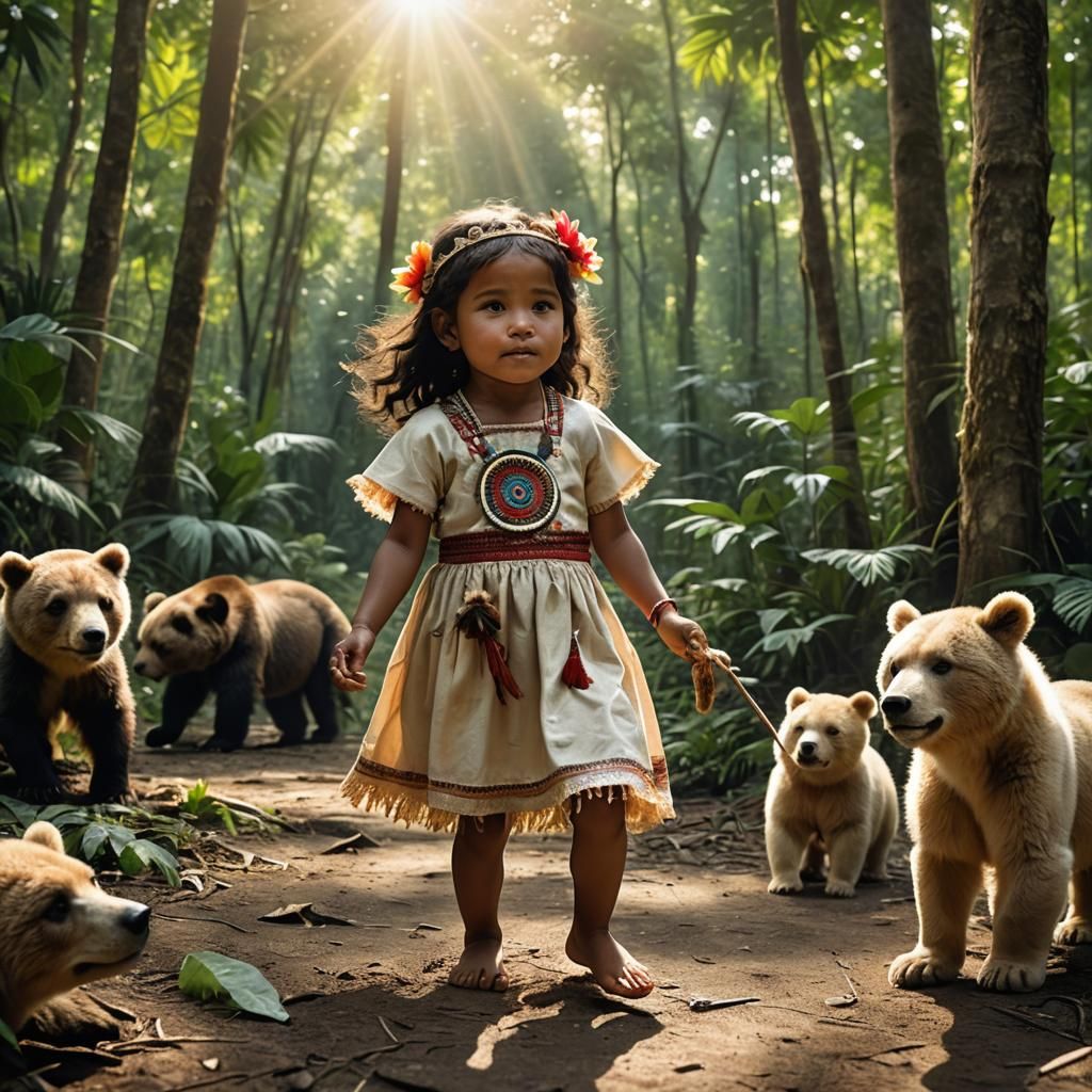 Taino Princess Playing with Bear Cub in Village