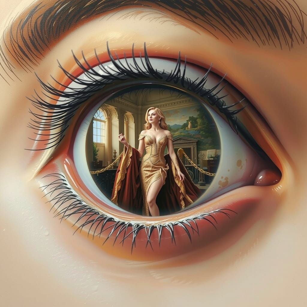 Male Eye as Window to Elegant Woman, Hyperrealistic Splash A...