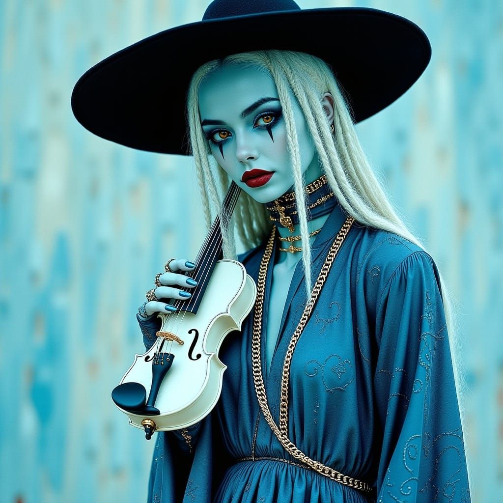 Melancholic Turquoise Figure with Violin in Surreal Pop Art