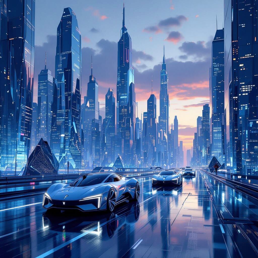 Sapphire Cityscape Reflecting Twilight: Cyberpunk Vision