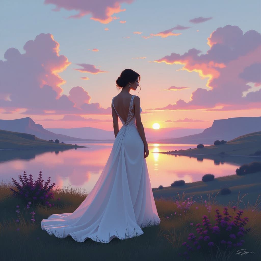 Elegant Woman in Serene Landscape, Dreamy Vibrant Style
