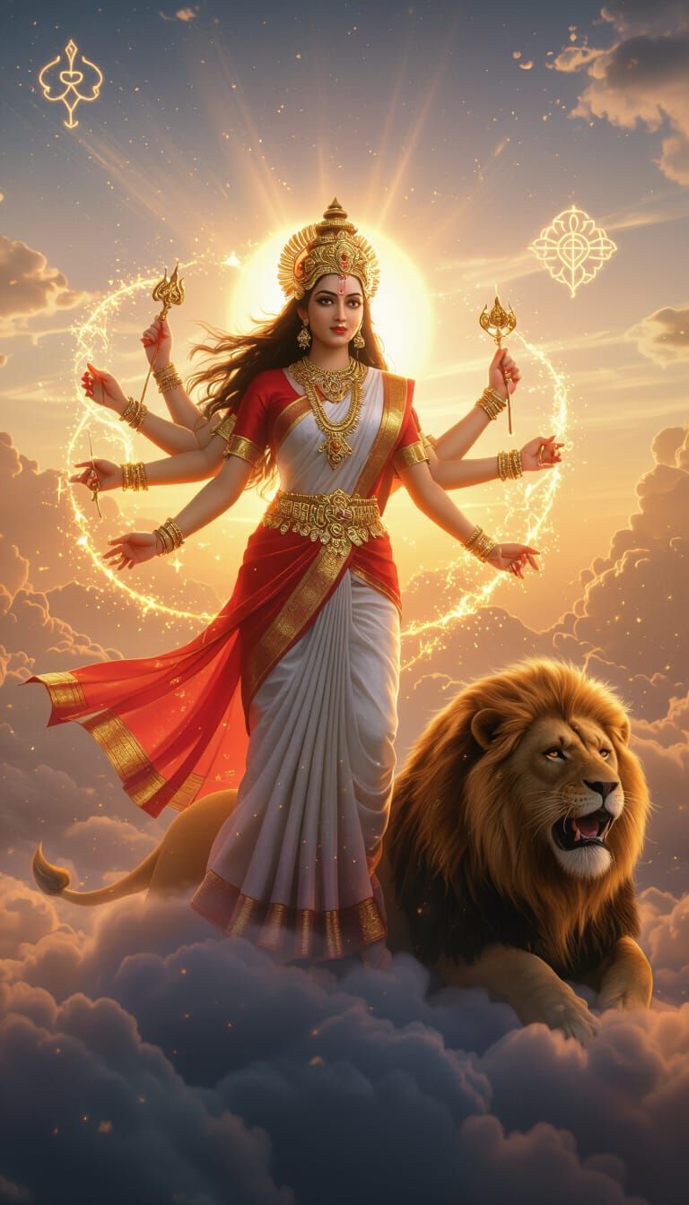 Goddess Durga Emerges from Golden Clouds at Sunrise