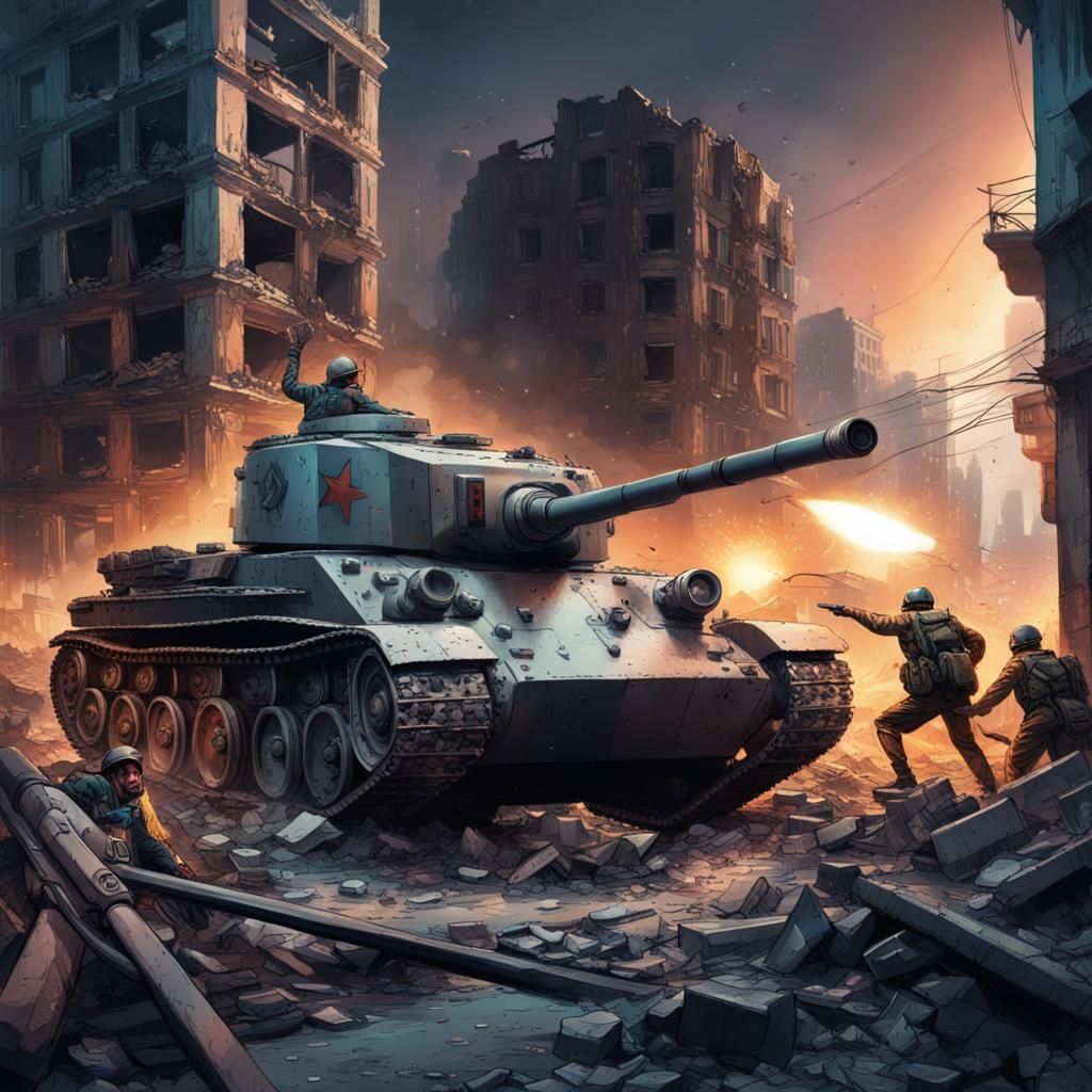 Futuristic Warriors Clash with WW2 Tanks in War-Torn City
