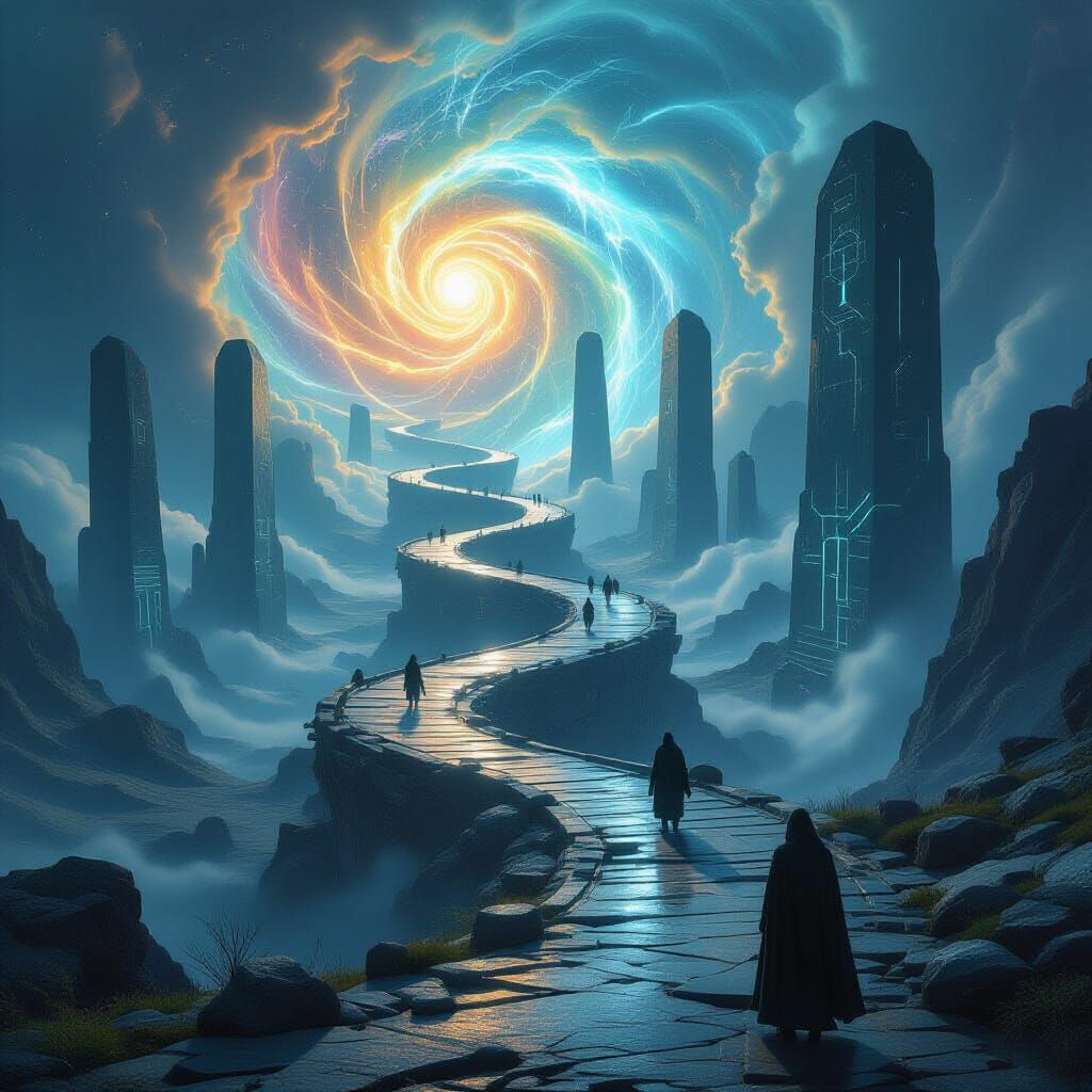 Ethereal Path with Glowing Monoliths and Sci-Fi Stations