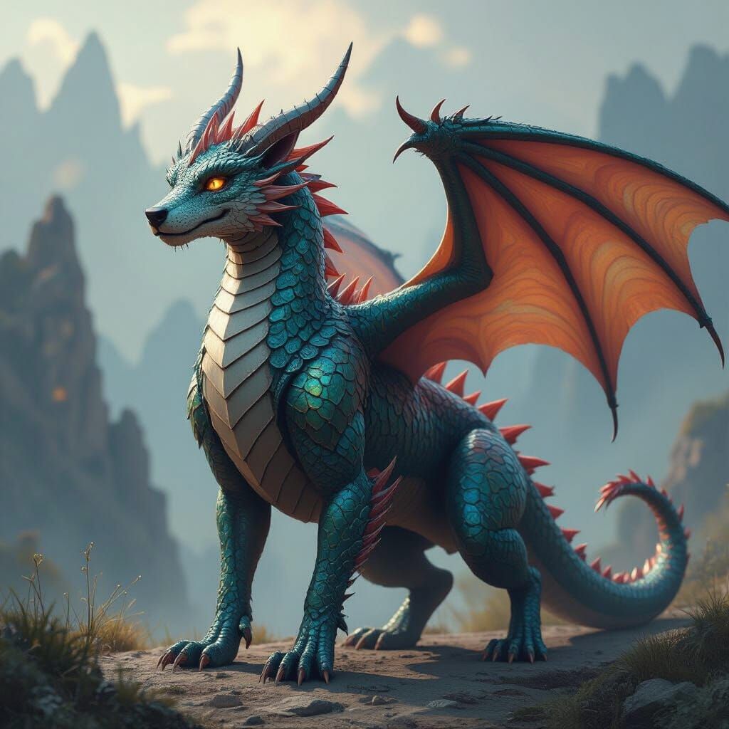 Dragon Dog with Iridescent Scales and Majestic Wings