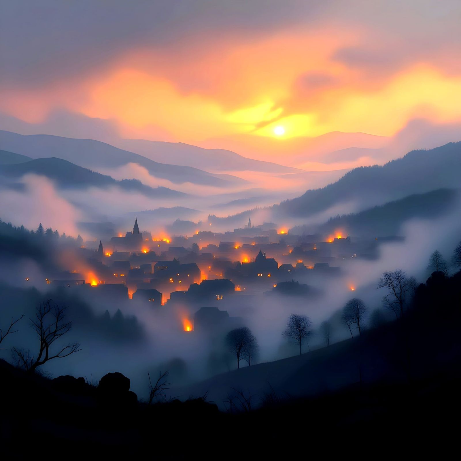 Foggy Salem's Lot with Dim Fires from a Hill