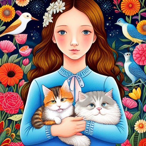 Girl with Animals in Magic Realism Style