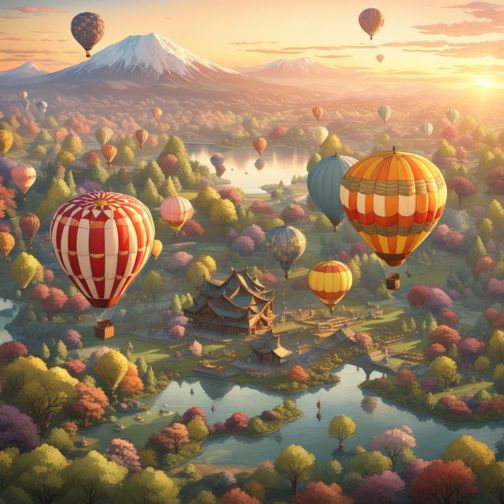 Hot Air Balloons over Japan: Watercolor Concept Art